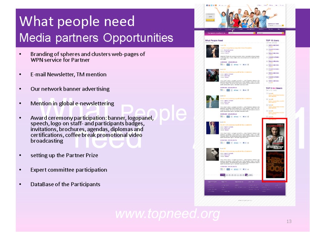 What people need Media partners Opportunities Branding of spheres and clusters web-pages of WPN